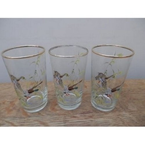 225 - 3 hand painted tumblers with mallard motifs 10 cm tall