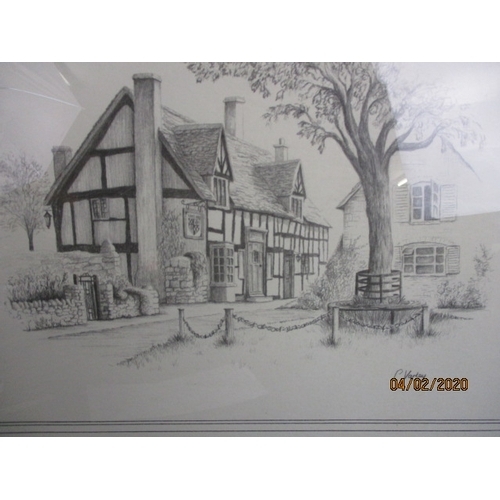 327 - CRACKING FRAMED AND GLAZED PRINT OF A 
Sketch of a cottage by J Varley