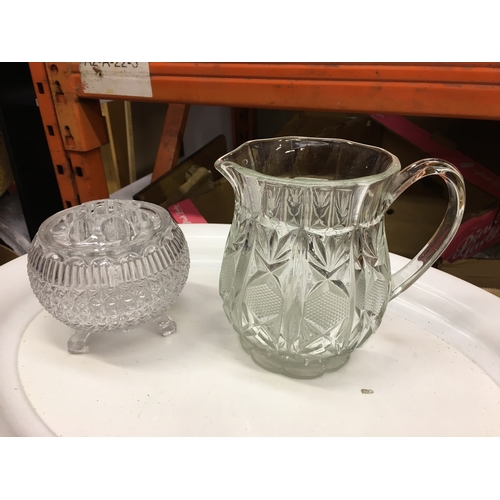 373 - NICE PCS OF VINTAGE GLASS INCLUDING WATER JUG AND COVERED POT