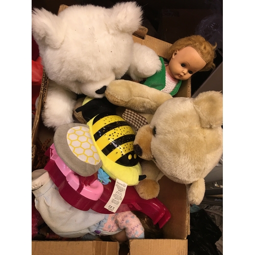 292 - BOX LOT CHOCK FULL OF SOFT TOYS AND LIGHT UP STAR BEE ETC