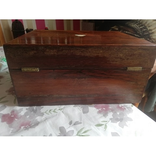 112 - Victorian writing box/slope. Black leather, and mother of pearl inlay. Fair condition LOOKS LIKE ROS... 