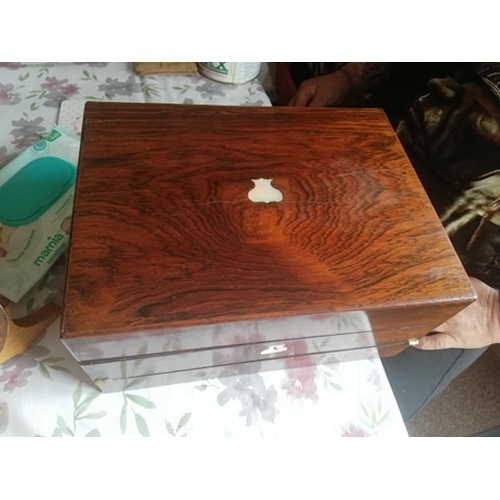 112 - Victorian writing box/slope. Black leather, and mother of pearl inlay. Fair condition LOOKS LIKE ROS... 