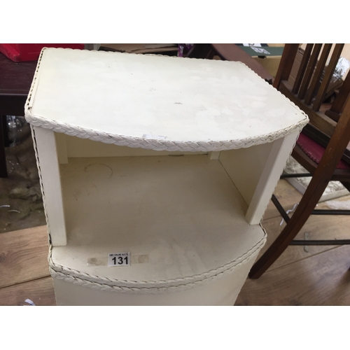 374 - WHITE LlOYD LOOM STYLE BEDSIDE CABINET WITH UNUSUAL CONCAVE DOOR & SMALL DUMPY QUEEN ANNE LEGS