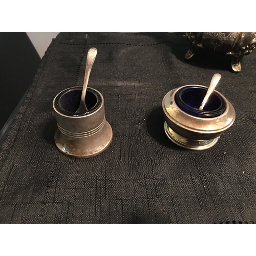 402 - TWO VERY EARLY PLATED SALTS WITH BLUE LINERS AND SPOONS