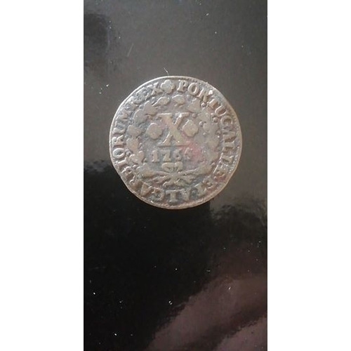 400 - A Very good condition for age. Portuguese 10 reis coin. AND A Wooden two half pennies craft piece