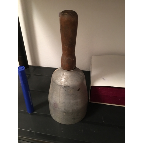 2 - UNUSUAL EARLY WOODEN AND POTTERY LARGE BELL (Clanging away)