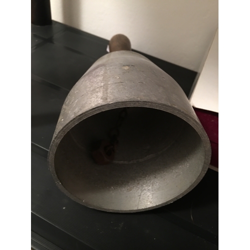 2 - UNUSUAL EARLY WOODEN AND POTTERY LARGE BELL (Clanging away)