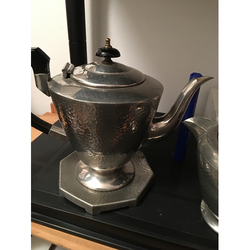 42 - VERY NICE ART DECO PEWTER TEA SET WITH TEA POT, WATER POT AND STAND