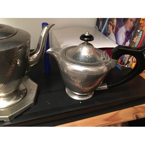 42 - VERY NICE ART DECO PEWTER TEA SET WITH TEA POT, WATER POT AND STAND