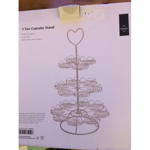 5 - LOVELY NEW BOXED COMPLETE THREE TIER CUP CAKE STAND IN OFF WHITE 25/2