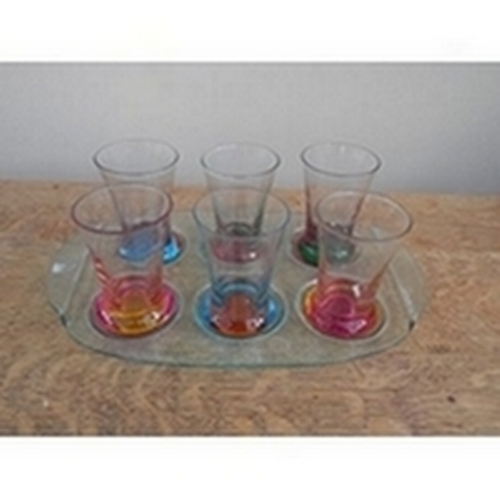 23 - A set of six shot glasses of various colours set on a glass tray

24/3