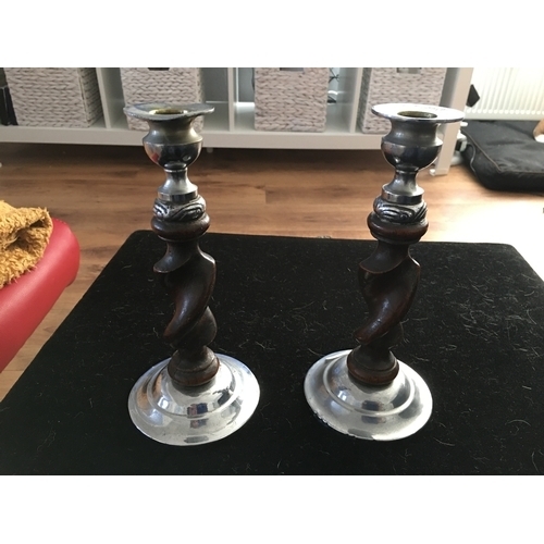 223 - CRACKING PAIR OF VINTAGE TWIST WOODEN AND CHROME CANDLESTICKS