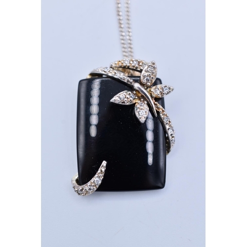 200N - Lovely Silver 925 Black Stoned Floral Pendant Necklace Complete with Presentation Box