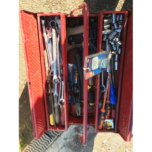 260 - RED TOOL BOX WITH TOOLS AND NEW PADLOCK