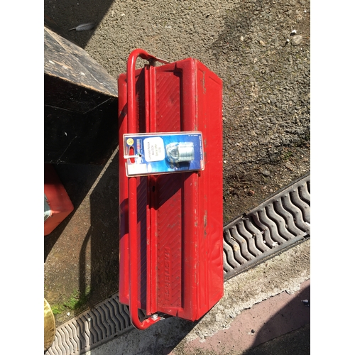 260 - RED TOOL BOX WITH TOOLS AND NEW PADLOCK