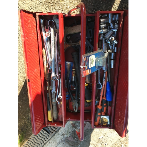 260 - RED TOOL BOX WITH TOOLS AND NEW PADLOCK