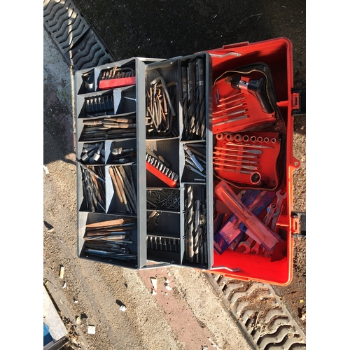 261 - RED PLASTIC TOOL BOX WITH TOOLS