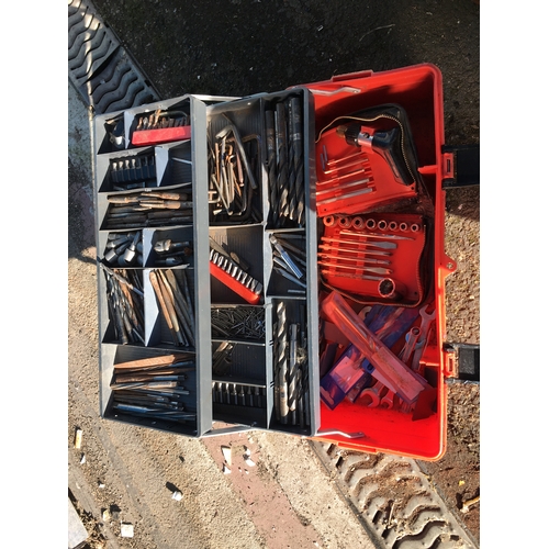 261 - RED PLASTIC TOOL BOX WITH TOOLS