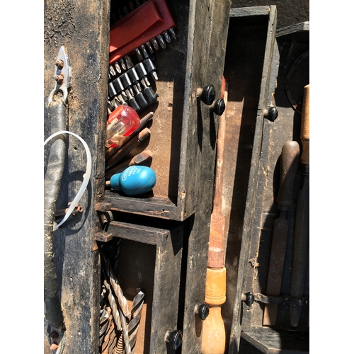 266 - CRACKING WOODEN TOOL BOX FULLY FITTED WITH TOOLS AND LOCK AND KEY