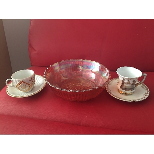 369 - TWO CABINET CUPS AND SAUCERS AND CARNAVAL GLASS BOWL