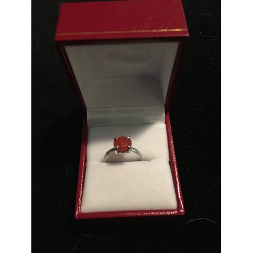 100S - LOVELY SILVER RING WITH RED STONE IN PRESENTATION BOX