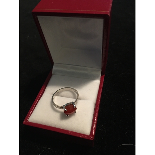 100S - LOVELY SILVER RING WITH RED STONE IN PRESENTATION BOX