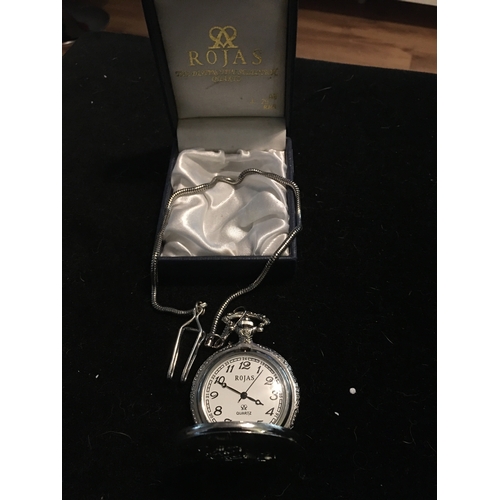 100V - CRACKING ROJAS POCKET WATCH WITH CHAIN WITH VINTAGE CAR DETAIL AND PRESENTATION BOX