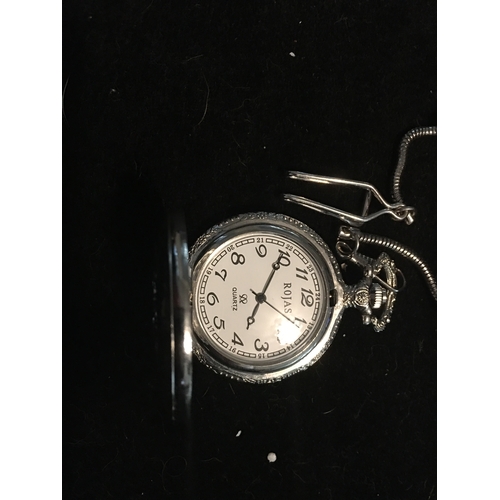 100V - CRACKING ROJAS POCKET WATCH WITH CHAIN WITH VINTAGE CAR DETAIL AND PRESENTATION BOX