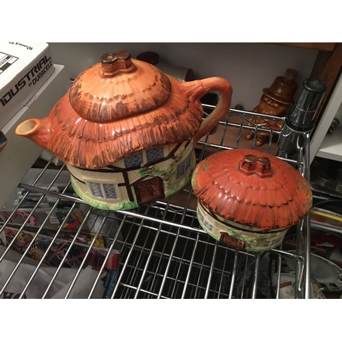 440 - VERY EARLY BURLINGTON WARE SIGNED COTTAGE STYLE TEA POT AND MATCHING SUGAR BOTH IN LOVELY CONDITION