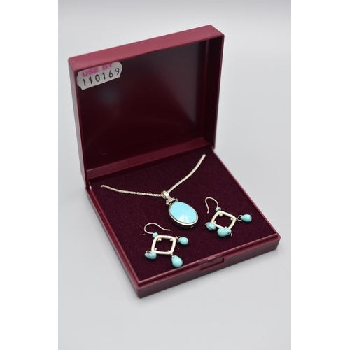 60 - Silver 925 and Turquoise Stoned Pendant and Earring Set Complete with Presentation Box