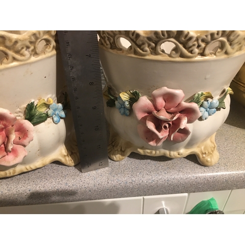 75 - TWO LOVELY MATCHING Capo Di Monte PLANTERS Couple of flowers chipped