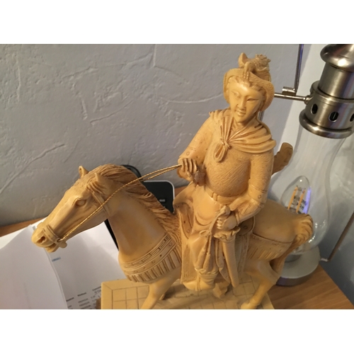 98 - STUNNING LARGE TALL RESIN ORIENTAL FIGURE ON A HORSE LOVELY DETAIL AND LOVELY CONDITION