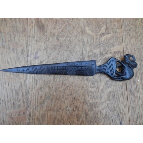 376 - DARK WOOD LETTER OPENER ENSCRIBED '' JAMBO BOB KENYA 1994'' WITH AN ELEPHANT DECORATION 26CM LONG