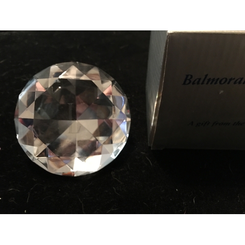 3 - LOVELY BALMORAL CRYSTAL PAPERWEIGHT WITH THE LETTER  L ETCHED TO BOTTOM