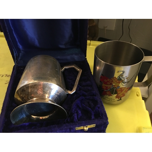 11 - TWO PEWTER TANKARDS INCLUDING VELVET BOXED AWARD FOR BRITISH DARTS or BALLROOM DANCING NOT SURE WHIC... 