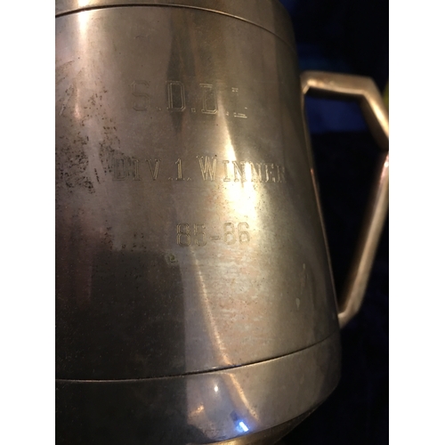 11 - TWO PEWTER TANKARDS INCLUDING VELVET BOXED AWARD FOR BRITISH DARTS or BALLROOM DANCING NOT SURE WHIC... 