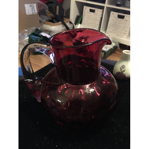 52 - LOVELY LARGE CRANBERRY GLASS JUG PERFECT