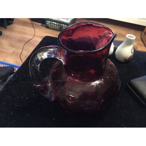 52 - LOVELY LARGE CRANBERRY GLASS JUG PERFECT