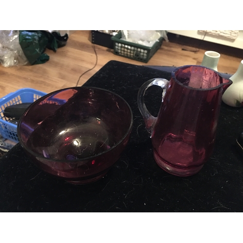 54 - TWO LOVELY PCS OF CRANBERRY GLASS   Small nick to edge of one