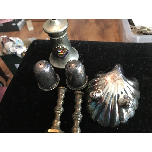 3 - COLLECTION OF PLATED WARE INCLUDING MINITURE CANDLESTICKS, CRESTED SALT AND FOOTED SHELL DISH