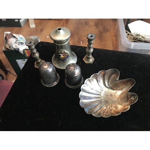 3 - COLLECTION OF PLATED WARE INCLUDING MINITURE CANDLESTICKS, CRESTED SALT AND FOOTED SHELL DISH