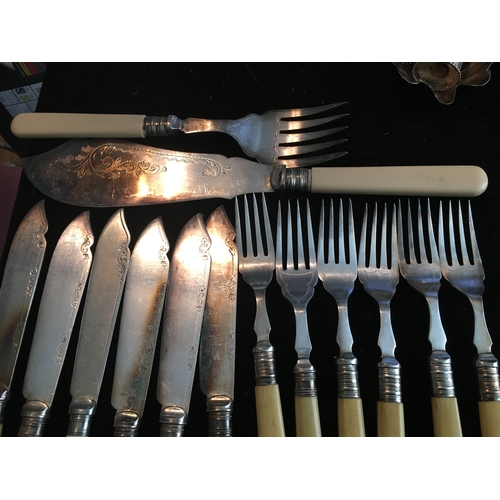 7 - NICE SET OF PLATED CUTLERY BONE HANDLED STYLE WITH MATCHING SERVERS