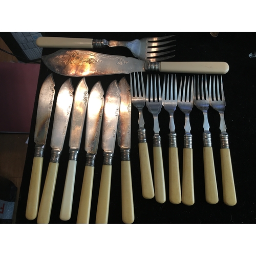 7 - NICE SET OF PLATED CUTLERY BONE HANDLED STYLE WITH MATCHING SERVERS