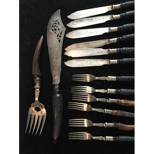 10 - FABULOUS SET OF HORN STYLE  HANDLED CUTLERY INCLUDING SERVERS