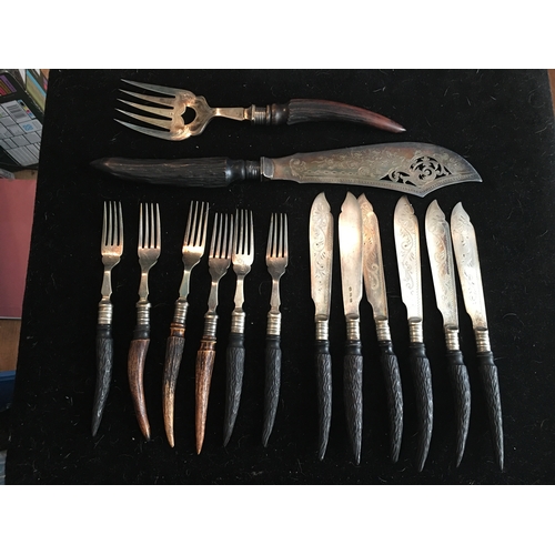 10 - FABULOUS SET OF HORN STYLE  HANDLED CUTLERY INCLUDING SERVERS