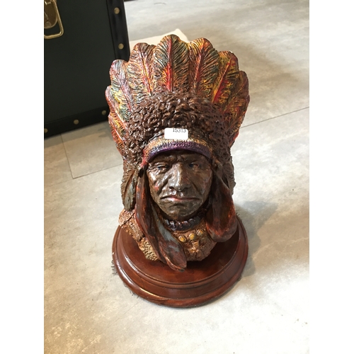 16 - RED INDIAN HEAD ON PLINTH 23Cm TALL SLIGHT RUB TO BACK OF HEAD DOES NOT EFFECT PRESENTATION