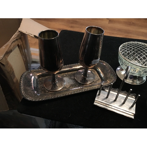 57 - LOVELY COLLECTION OF PLATED/PEWTER WARE INCLUDING GOBLETS AND OLDE HALL TOAST RACK