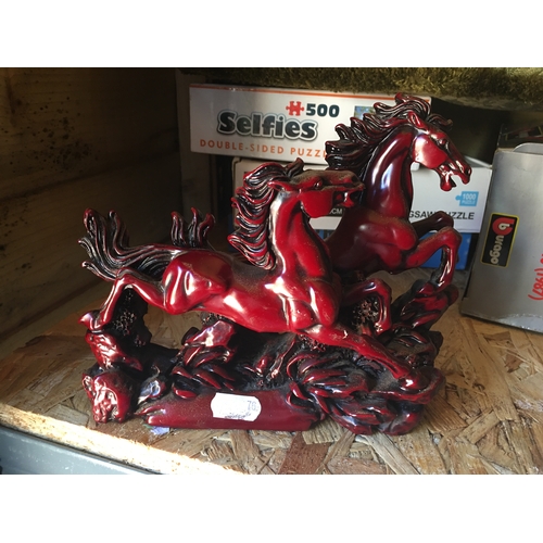 85 - LOVELY RESIN GALLOPING HORSE COLLECTION IN RED LOVELY CONDITION 22CM LONG 18CM HIGH