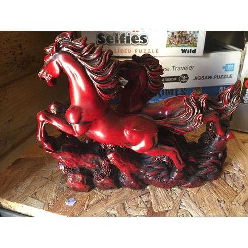 85 - LOVELY RESIN GALLOPING HORSE COLLECTION IN RED LOVELY CONDITION 22CM LONG 18CM HIGH