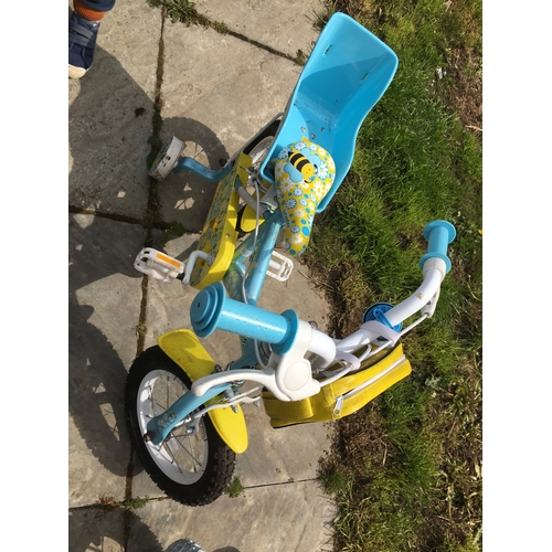 89 - GIRLS BIKE WITH STABALISERS IN FANTASTIC CONDITION IN BLUE AND YELLOW